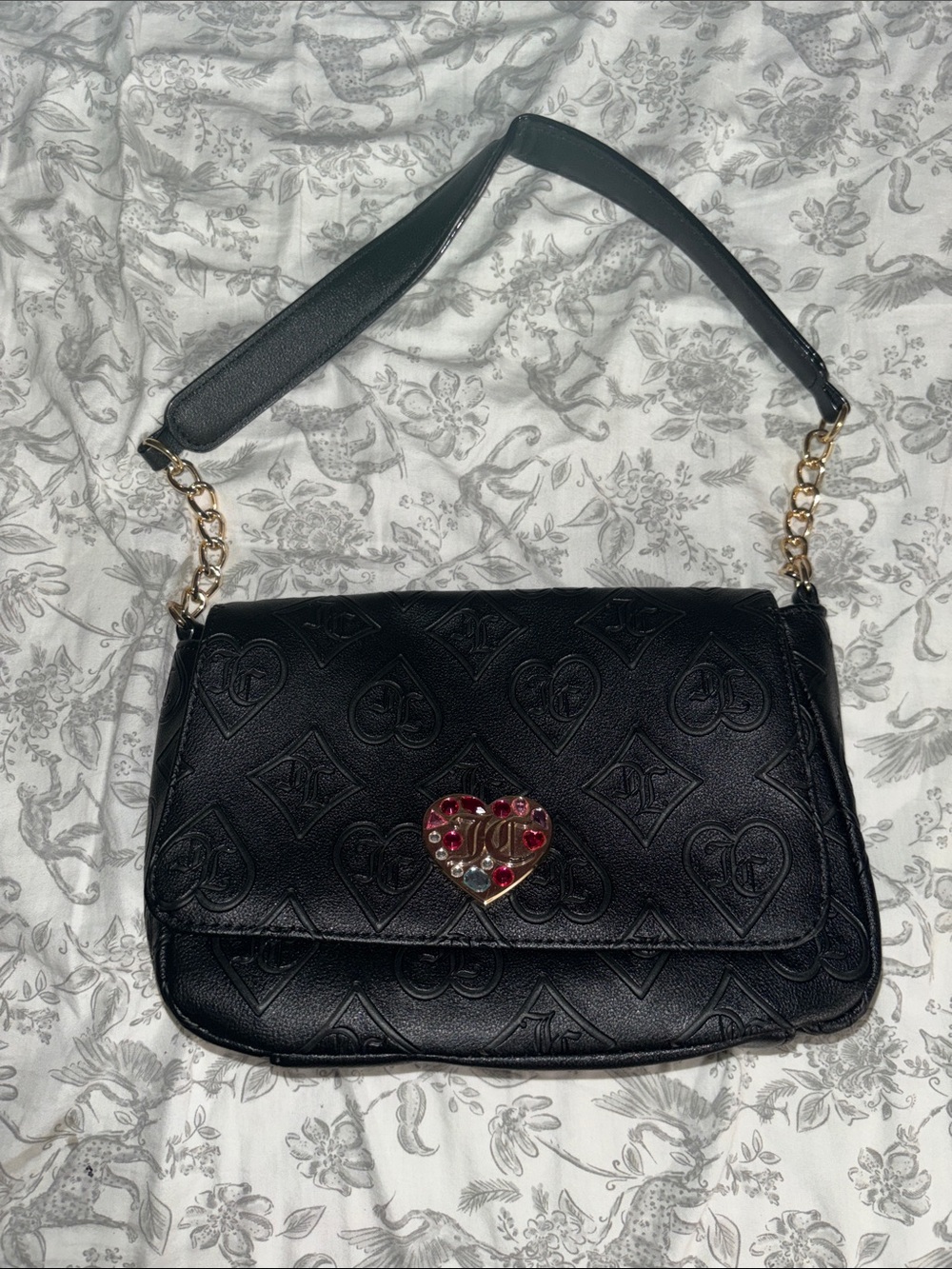 Juicy Couture Black Embossed Shoulder Bag with Heart Jewel Accent